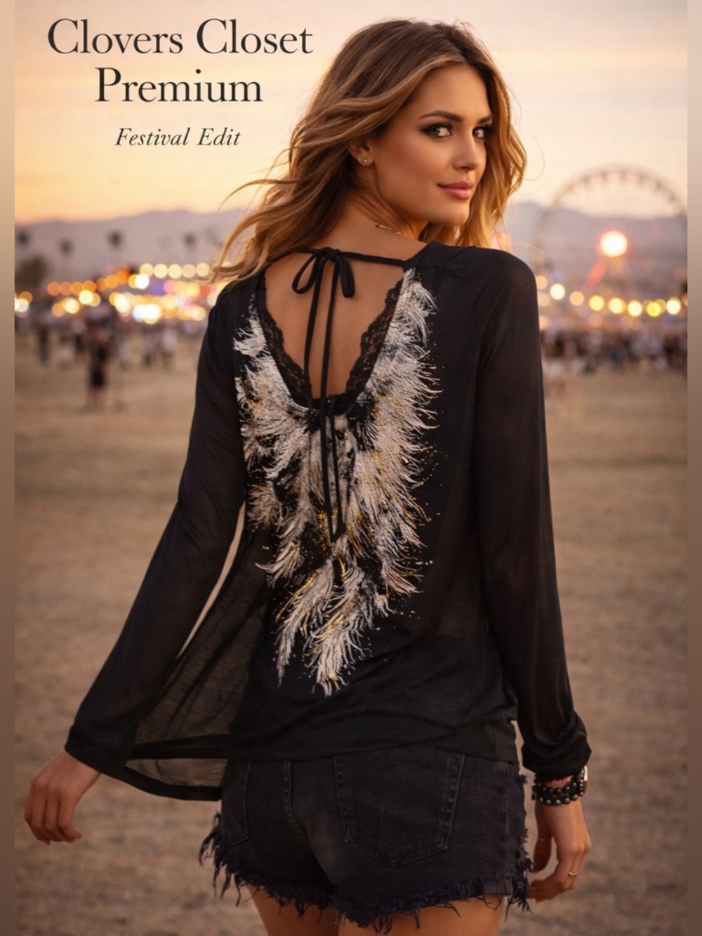 Sheer Black Angel Wings Top Festival Boho Goth Long Sleeve Small